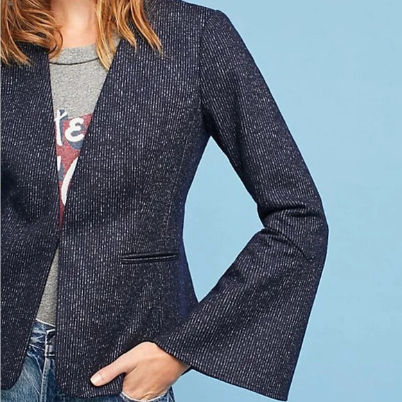 Anthropologie Cartonnier Wool Blend Bell Sleeve Pinstripe Jacket Navy Blue 6 - Picture 10 of 10
